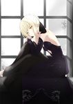  artoria_pendragon_(all) blonde_hair breasts dress elbow_gloves fate/grand_order fate/stay_night fate_(series) fuu_(fuore) gloves highres leaning_over looking_at_viewer pale_skin saber_alter sideboob small_breasts solo tree window yellow_eyes 