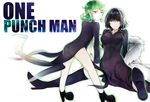  ass bad_feet bangs black_dress black_hair boots copyright_name dress frown fubuki_(one-punch_man) fur_coat green_eyes green_hair height_difference high_heel_boots high_heels highres kaki_(shi360) multiple_girls one-punch_man short_hair siblings sisters smile tatsumaki thigh_boots thighhighs 