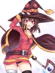  :d bandaged_leg bandages belt black_hair black_legwear black_panties cape collar cowboy_shot dress fingerless_gloves gloves hand_on_headwear hat highres kono_subarashii_sekai_ni_shukufuku_wo! looking_at_viewer megumin miyabi_urumi open_mouth panties pantyshot red_eyes short_hair single_thighhigh smile solo staff thighhighs underwear v-shaped_eyebrows witch_hat 