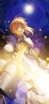  ahoge armor artoria_pendragon_(all) blonde_hair colored_eyelashes ebzmahs0192 fate/stay_night fate_(series) glowing glowing_sword glowing_weapon green_eyes highres knight saber solo star tree weapon 