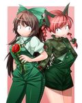  adapted_costume alternate_costume animal_ears bad_id bad_pixiv_id bangs black_eyes blush bow breasts brown_hair cat_ears collared_shirt ears extra_ears green_shirt hair_bow hand_in_another's_pocket highres kaenbyou_rin long_hair long_sleeves looking_at_viewer multiple_girls overalls parted_lips pink_background puffy_short_sleeves puffy_sleeves red_hair reiuji_utsuho shimizu_pem shiny shiny_clothes shiny_hair shiny_skin shirt short_sleeves simple_background small_breasts smile thighs third_eye touhou twintails 