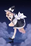  absurdres apron blonde_hair bow braid broom brown_eyes frills gathers hand_on_headwear hat highres kirisame_marisa large_bow mary_janes nana_mikoto night night_sky open_mouth ripples shoes side_braid sky smile socks solo star_(sky) starry_sky touhou witch_hat yellow_eyes 