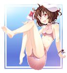  animal_ears barefoot bikini bikini_skirt brown_hair bunny_ears feet flat_chest full_body highres ichi_makoto inaba_tewi red_eyes ribbon smile soles solo swimsuit toes touhou 