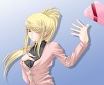  alternate_costume bad_id bad_pixiv_id blonde_hair blue_eyes blush business_suit contemporary formal highres incoming_gift metroid one_eye_closed ponytail samus_aran solo suit tamamon valentine 