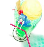  1girl blue_eyes blue_hair bow cirno cup drinking_straw food heihachi ice_cream in_container in_cup in_food minigirl mundane_utility short_hair solo sundae touhou 