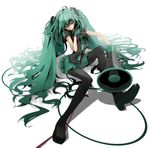  aqua_hair gloves green_hair hatsune_miku koi_wa_sensou_(vocaloid) legs long_hair megaphone necktie pantyhose plastick sitting solo very_long_hair vocaloid 