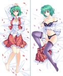  arm_up ascot bad_id bad_pixiv_id barefoot bed bra breasts cleavage dakimakura feet green_hair highres kazami_yuuka lace lace-trimmed_bra lace-trimmed_panties large_breasts legs lingerie lying multiple_views off_shoulder on_back open_clothes open_shirt panties pico_(picollector79) plaid plaid_skirt plaid_vest purple_legwear red_eyes shirt short_hair skirt skirt_set strap_slip thighhighs touhou underwear underwear_only vest 