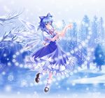  bad_id bad_pixiv_id blue_dress blue_eyes blue_hair bow cirno danmaku dress floating forest hair_bow mary_janes nature outstretched_hand pico_(picollector79) pointing ribbon shoes short_hair smile snow snowflakes socks solo touhou white_legwear wings winter 