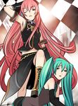  all_fours aqua_hair armpits bad_id bad_pixiv_id boots collar femdom hatsune_miku highres knee_boots long_hair megurine_luka multiple_girls no_legwear one_eye_closed skirt trample twintails very_long_hair vocaloid xr650r 