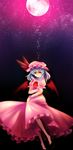  bad_id bad_pixiv_id barefoot bat_wings blue_hair dress full_moon hat highres holding_arm moon nora_(le-chat-noir) pink_dress red_eyes red_moon remilia_scarlet short_hair solo touhou wings 