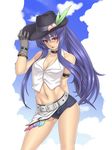  adapted_costume alternate_hairstyle bare_shoulders belt blue_hair blush breasts choker cleavage cowboy_hat denim gloves hand_on_headwear hat hat_tip highres hinanawi_tenshi hips houtengeki large_breasts long_hair midriff navel older ponytail purple_hair red_eyes short_shorts shorts solo thighs toned touhou western 