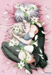  absurdres artist_request babydoll bare_shoulders blush character_doll crease doll eila_ilmatar_juutilainen flower green_eyes highres hug lying petals sanya_v_litvyak scan short_hair silver_hair solo strike_witches thighhighs world_witches_series 