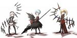  alternate_costume alternate_wings bad_id bad_pixiv_id blonde_hair blue_hair boots bow flandre_scarlet ganesagi gothic hair_ribbon highres izayoi_sakuya knife laevatein low_wings maid multiple_girls polearm ponytail red_eyes remilia_scarlet ribbon short_hair side_ponytail spear spear_the_gungnir sword thigh_boots thighhighs touhou weapon white_hair wings 