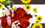  ascot flower green_hair highres kazami_yuuka petals plaid plaid_skirt plaid_vest red_eyes seitaka short_hair skirt skirt_set solo sunflower touhou umbrella vest 