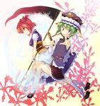  blue_eyes clog_sandals cross_eyed ghost green_hair hair_bobbles hair_ornament hat ichi_makoto multiple_girls onozuka_komachi red_eyes red_hair rod_of_remorse scythe shiki_eiki short_hair touhou two_side_up 