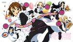  absurdres akiyama_mio alternate_costume apron bangs black_eyes black_hair blonde_hair blue_eyes blunt_bangs blush brown_eyes brown_hair cake cherry chibi enmaided eyebrows falling food frills fruit guitar hair_ornament hairband hairclip highres hime_cut hirasawa_yui ice_cream instrument k-on! kotobuki_tsumugi long_hair maid multiple_girls nakano_azusa nakano_emiko open_mouth pantyhose pastry scan short_hair sitting skirt smile tainaka_ritsu teapot text_focus tray twintails 