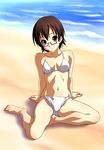  arm_support barefoot beach bikini breasts brown_eyes brown_hair cleavage day feet glasses highres k-on! manabe_nodoka medium_breasts norizou_type-r ocean red-framed_eyewear semi-rimless_eyewear short_hair sitting smile solo swimsuit under-rim_eyewear 