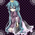  7th_dragon 7th_dragon_(series) animal_ears bad_id bad_pixiv_id checkered checkered_background chiruku crown dress green_hair highres long_hair momomeno_(7th_dragon) princess_(7th_dragon) solo stuffed_animal stuffed_bunny stuffed_toy 