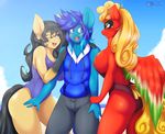  2016 anthro breasts clothing equine fan_character female group horn horse male mammal mleonheart my_little_pony nervous one-piece_swimsuit pegasus pony sweat swimsuit unicorn wings 