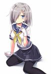  black_legwear blouse blue_eyes breasts buttons gloves hair_ornament hair_over_one_eye hairclip hamakaze_(kantai_collection) kantai_collection kuhotaka large_breasts neckerchief pantyhose pleated_skirt school_uniform serafuku short_hair short_sleeves silver_hair simple_background skirt solo white_background white_blouse white_gloves yellow_neckwear 