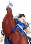  blush bracelet breasts bun_cover china_dress chinese_clothes chun-li commentary_request covered_nipples crotch double_bun dress eyebrows jewelry looking_at_viewer pantyhose solo spiked_bracelet spikes spread_legs street_fighter thick_thighs thighs zonda_(solid_air) 