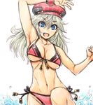  alisa_ilinichina_amiella amania_orz bikini blue_eyes blush breasts cabbie_hat god_eater god_eater_burst hat large_breasts long_hair looking_at_viewer open_mouth panties red_panties silver_hair simple_background smile solo swimsuit underwear water wet white_background 