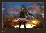  boots clouds green_eyes green_hair hatsune_miku long_hair rain signed skirt sunset thighhighs tokai_kuma vocaloid water 