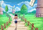  1boy east_blue fence male_focus monkey_d_luffy one_piece shorts solo straw_hat t-shirt walking windmill younger 