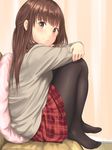  bad_id bad_pixiv_id bangs banned_artist black_legwear blush brown_eyes brown_hair crossed_arms eyebrows_visible_through_hair feet from_side full_body half_updo indoors knees_to_chest legs_folded long_hair long_sleeves looking_at_viewer looking_to_the_side minagiku no_shoes original pantyhose pillow plaid plaid_skirt pleated_skirt red_skirt school_uniform sitting skirt smile solo 