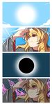  4koma black_dress blonde_hair chinese_clothes comic crescent dress eclipse eyebrows eyebrows_visible_through_hair junko_(touhou) kapiten70 long_hair long_sleeves looking_afar pom_pom_(clothes) red_eyes ribbon shaded_face solar_eclipse solo sun tabard tareme touhou very_long_hair yellow_ribbon 