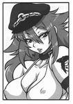  1girl breasts capcom female hat large_breasts long_hair looking_at_viewer monochrome nakagami_takashi no_bra poison_(final_fight) simple_background smile solo 