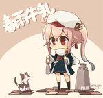  ahoge animal black_legwear blue_hair blush cat container gradient_hair harunagi harusame_(kantai_collection) hat kantai_collection kneehighs long_hair long_sleeves milk multicolored_hair neckerchief pink_hair red_eyes scarf school_uniform serafuku side_ponytail skirt solo translated 