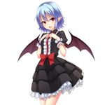  alternate_color alternate_costume arm_ribbon bat_wings black_dress blue_hair blush bow breasts center_frills cowboy_shot dress fang frilled_dress frills gothic_lolita hands_on_own_chest junior27016 lolita_fashion looking_at_viewer no_hat no_headwear open_mouth pointy_ears puffy_short_sleeves puffy_sleeves red_eyes remilia_scarlet ribbon shiny shiny_hair short_dress short_hair short_sleeves simple_background small_breasts smile solo touhou white_background wings wrist_cuffs 