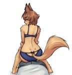  1girl animal_ear_fluff animal_ears back barefoot blue_bra blue_panties blush bra brown_hair dimples_of_venus dog_ears dog_girl dog_tail from_behind fur furry green_eyes hetero kobold lingerie looking_back monorus monster_musume_no_iru_nichijou panties polt short_hair simple_background sitting sitting_on_person smile solo_focus straddling tail underwear underwear_only white_background 