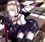  artoria_pendragon_(all) bare_shoulders black_legwear breasts choker cleavage dark_excalibur elbow_gloves fate/grand_order fate/stay_night fate_(series) gloves kneeling medium_breasts pale_skin saber_alter solo thighhighs xyomouse yellow_eyes 