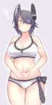  belly_grab bikini breasts checkered checkered_neckwear cleavage commentary_request cowboy_shot eyepatch frown ganesagi headgear kantai_collection large_breasts necktie purple_hair simple_background solo sweat swimsuit tenryuu_(kantai_collection) weight_conscious white_bikini yellow_eyes 