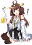  ;d ahoge alcohol bare_shoulders beer beer_mug blue_eyes boots breasts brown_hair cup detached_sleeves double_bun hairband headgear holding holding_cup japanese_clothes kantai_collection kongou_(kantai_collection) kuhotaka long_hair medium_breasts mug nontraditional_miko one_eye_closed open_mouth ribbon-trimmed_sleeves ribbon_trim simple_background sitting skirt smile solo thigh_boots thighhighs white_background wide_sleeves yokozuwari zettai_ryouiki 