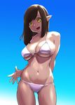  bikini breasts brown_eyes brown_hair gradient gradient_background large_breasts long_hair looking_at_viewer navel open_mouth original pointy_ears simple_background smile solo swimsuit ueyama_michirou white_bikini 