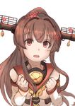  absurdres bare_shoulders blush brown_eyes brown_hair clenched_hands detached_sleeves flower hair_flower hair_intakes hair_ornament headgear high_ponytail highres kantai_collection long_hair open_mouth ponytail ranf solo white_background yamato_(kantai_collection) 