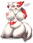 &lt;3 2016 anthro big_breasts blush breasts chest_tuft fangs feline female fur huge_breasts kneeling looking_at_viewer mammal nintendo nipples nude pok&eacute;mon pussy red_eyes red_fur simple_background slightly_chubby solo tailzkim tuft video_games white_background white_fur zangoose 