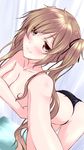  bangs black_panties black_ribbon blurry blush breasts brown_eyes cleavage closed_mouth collarbone covering covering_breasts curtains depth_of_field dutch_angle eyebrows eyebrows_visible_through_hair eyelashes from_above hair_ribbon kantai_collection lace lace-trimmed_panties leaning_forward light_brown_hair long_hair looking_at_viewer medium_breasts messy_hair mikage_takashi murasame_(kantai_collection) no_pants panties reaching_out ribbon self_shot smile solo topless twintails underwear underwear_only 