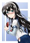  black_hair blush glasses green_eyes highres hip_vent jewelry kantai_collection long_hair mochizuki_kazuto ooyodo_(kantai_collection) ring semi-rimless_eyewear smile solo under-rim_eyewear valentine 