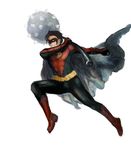  1boy batman_(series) black_hair bodysuit boots cape dc_comics domino_mask full_body gloves mace male_focus mask red_robin red_shoes simple_background solo tim_drake weapon 