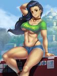  1girl alternate_costume asymmetrical_hair black_hair breasts cornrows denim denim_shorts finalcake laura_matsuda short_shorts shorts sitting solo street_fighter street_fighter_v thong underboob 