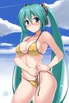  armpits bikini blue_eyes blush breasts cleavage cloud covered_nipples day green_hair hatsune_miku headphones hormone_koijirou large_breasts long_hair nose_blush shiny shiny_skin side-tie_bikini skindentation sky solo strap_gap swimsuit twintails tying untied very_long_hair vocaloid 