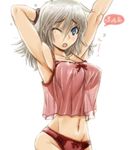  alisa_ilinichina_amiella amania_orz blue_eyes blush breasts god_eater god_eater_burst large_breasts long_hair looking_at_viewer one_eye_closed open_mouth pajamas panties red_panties see-through_silhouette silver_hair simple_background solo tears underwear waking_up white_background yawning 