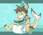  birthday_hat brown_hair cake candle claws clothing cuddlehooves diaper fish food green_eyes hair male marine plate shark shirt simple_background sitting smile solo teeth 