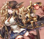  :d artist_name bangs black_hat blonde_hair blue_skirt boots breasts bridal_gauntlets cravat cross_print dr. granblue_fantasy hat hat_feather holding holding_sword holding_weapon jacket large_breasts long_hair long_sleeves looking_at_viewer miniskirt monica_weisswind open_mouth outstretched_arm peaked_cap pleated_skirt silver_eyes skirt smile solo sphere sword tassel thighhighs twintails weapon wide_sleeves 