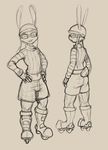  anthro athletic buckteeth clothing daftpatriot eyewear fan_character front_view goggles hands_on_hips hat jet_set_radio lagomorph looking_at_viewer male mammal monochrome multiple_images rabbit rear_view rollerskates shorts standing teeth 