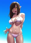  arm_behind_back ass_visible_through_thighs bikini breasts brown_eyes brown_hair cowboy_shot gradient gradient_background large_breasts long_hair looking_at_viewer navel open_mouth original pointy_ears simple_background smile solo swimsuit ueyama_michirou white_bikini 
